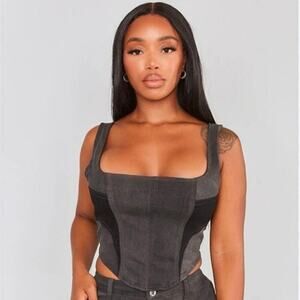 PrettyLittleThing Shape Black Denim Corset Top Zip Back Women’s US 4 EUC
